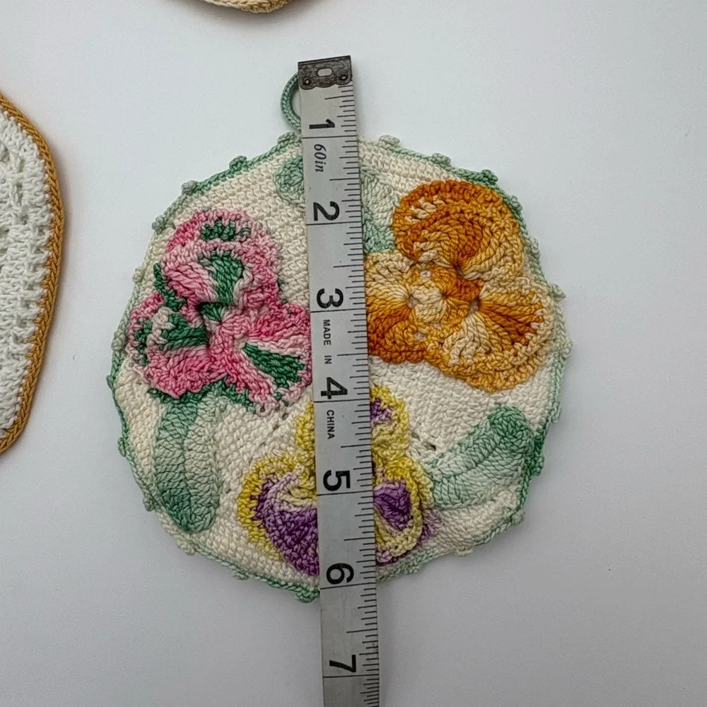 Theee Vintage Handmade Crochet Floral Pot Holders